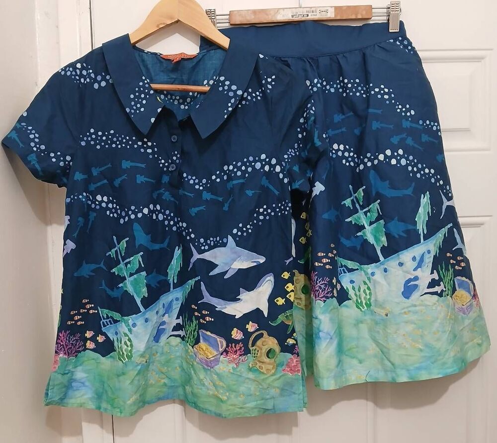 Modcloth womens small peterpan top skirt set blue skirt has pockets cotton